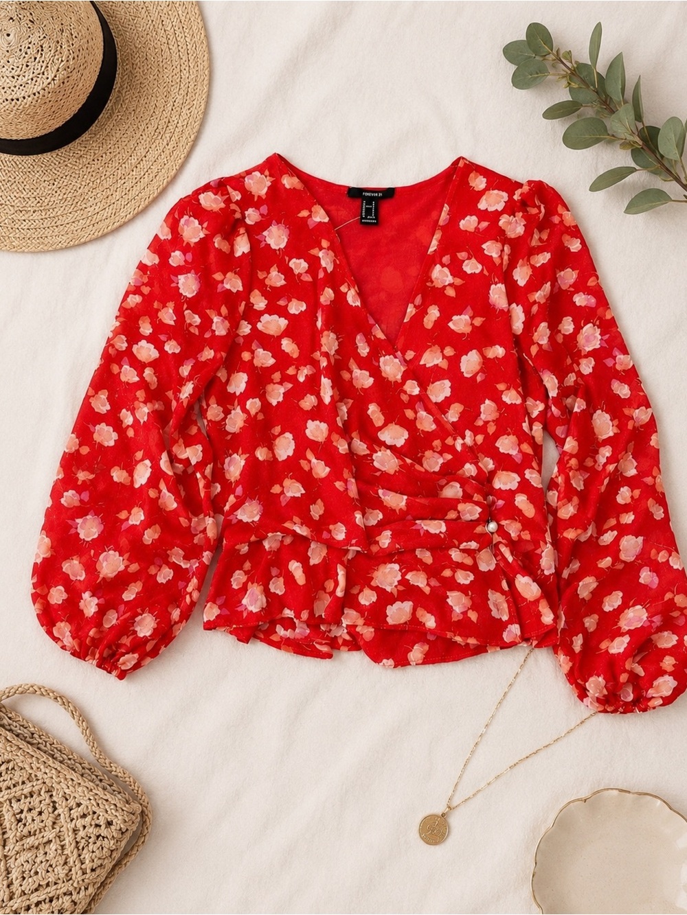 Red Floral Wrap Blouse with Covered Buttons Closure